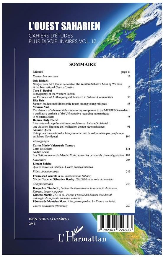 Quatrième de couverture de « AUTOUR DU SAHARA OCCIDENTAL - VOL12 - RECHERCHES EN COURS, TEMOIGNAGES ET NOUVELLES »