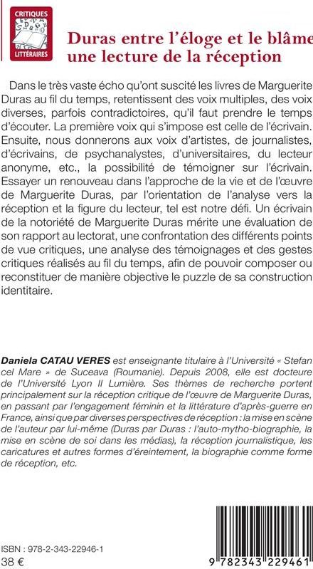 Quatrième de couverture de « DURAS ENTRE L'ELOGE ET LE BLAME : UNE LECTURE DE LA RECEPTION »