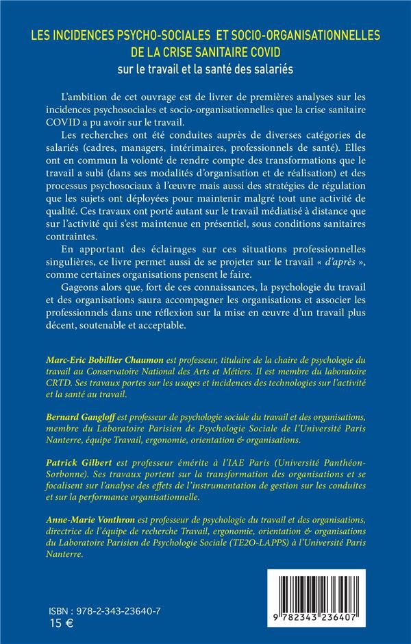 Quatrième de couverture de « LES INCIDENCES PSYCHO-SOCIALES ET SOCIO-ORGANISATIONNELLES DE LA CRISE SANITAIRE COVID SUR LE TRAVAI »