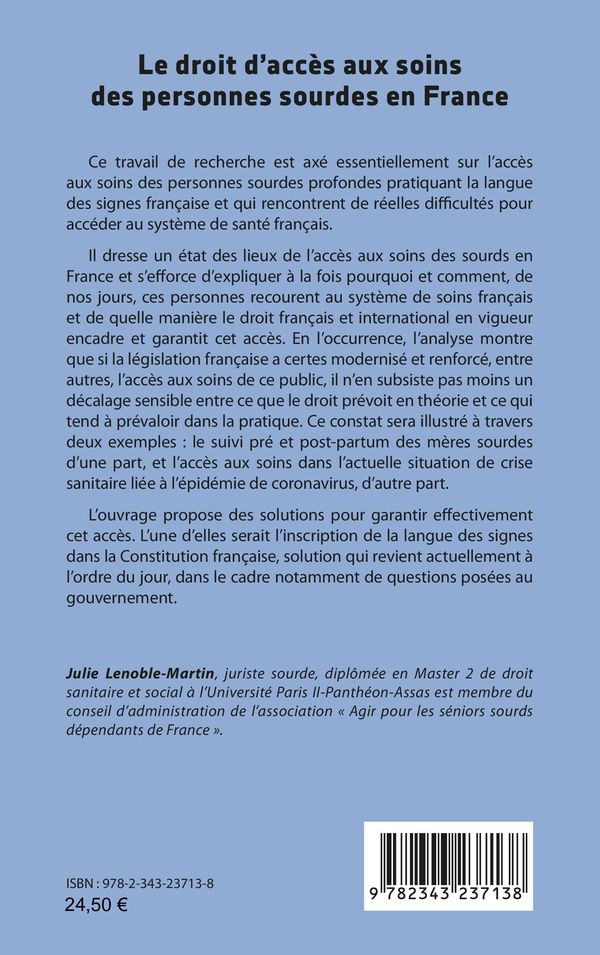 Quatrième de couverture de « LE DROIT D'ACCES AUX SOINS DES PERSONNES SOURDES EN FRANCE »