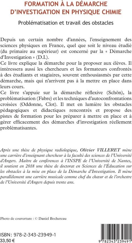 Quatrième de couverture de « FORMATION A LA DEMARCHE D'INVESTIGATION EN PHYSIQUE CHIMIE - PROBLEMATISATION ET TRAVAIL DES OBSTACL »