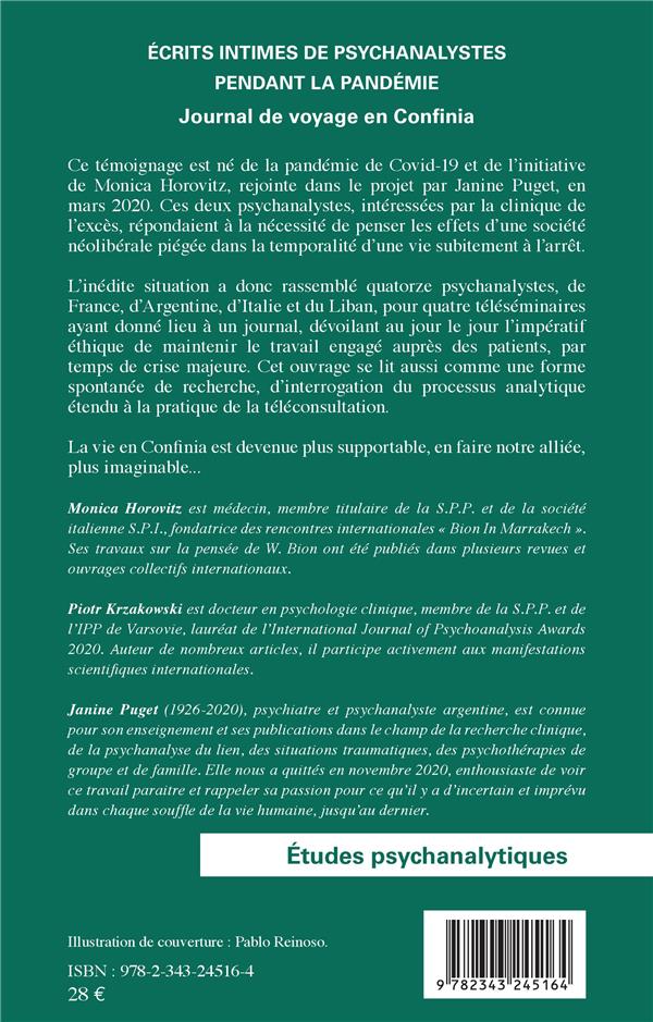 Quatrième de couverture de « ECRITS INTIMES DE PSYCHANALYSTES PENDANT LA PANDEMIE - JOURNAL DE VOYAGE EN CONFINIA »