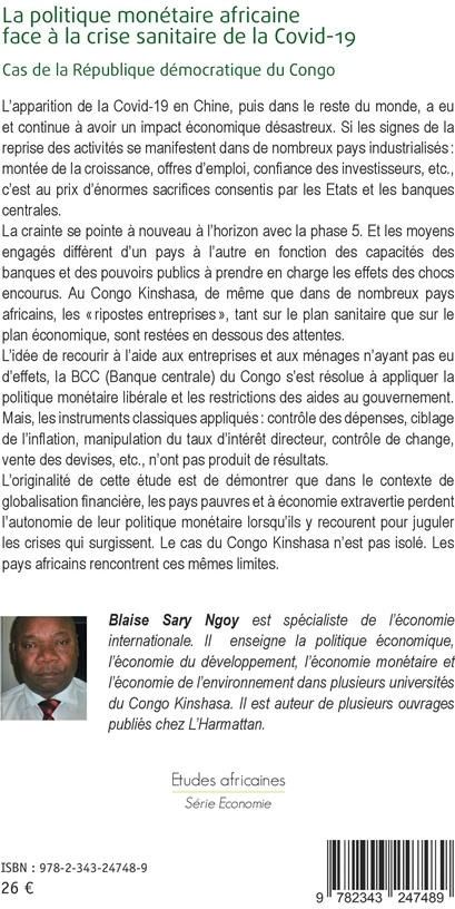 Quatrième de couverture de « LA POLITIQUE MONETAIRE AFRICAINE FACE A LA CRISE SANITAIRE DE LA COVID-19 - CAS DE LA REPUBLIQUE DEM »