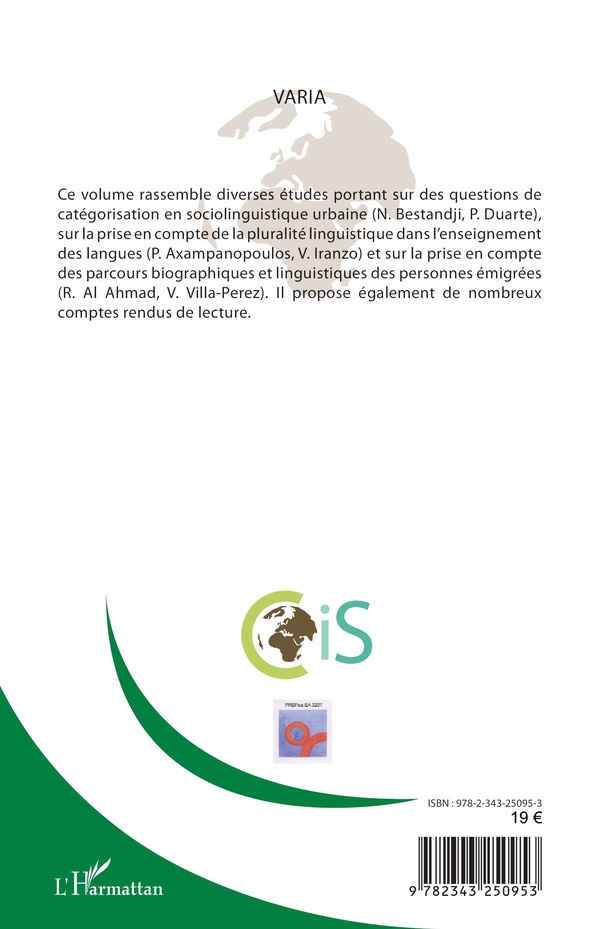 Quatrième de couverture de « CAHIERS INTERNATIONAUX DE SOCIOLINGUISTIQUE - VOL19 - VARIA »