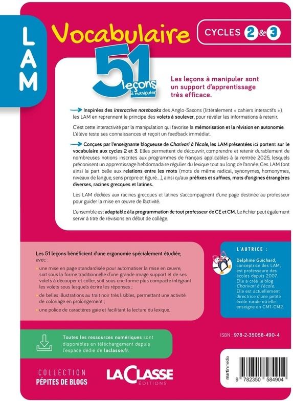 Quatrième de couverture de « Vocabulaire : 51 leçons à manipuler »