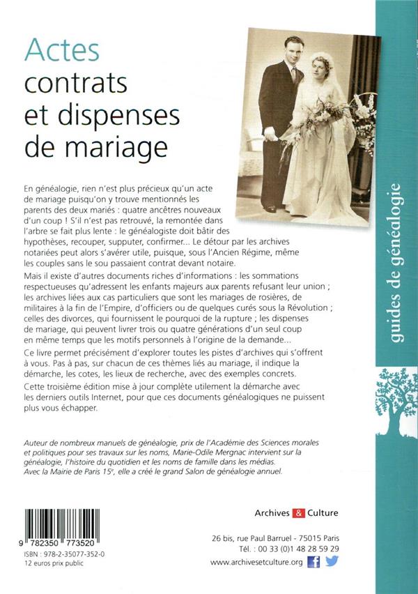 Quatrième de couverture de « ACTES, CONTRATS ET DISPENSES DE MARIAGE »