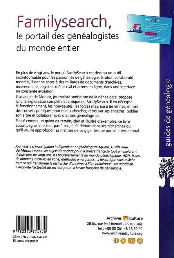 Quatrième de couverture de « Familysearch : un passeport pour la généalogie »
