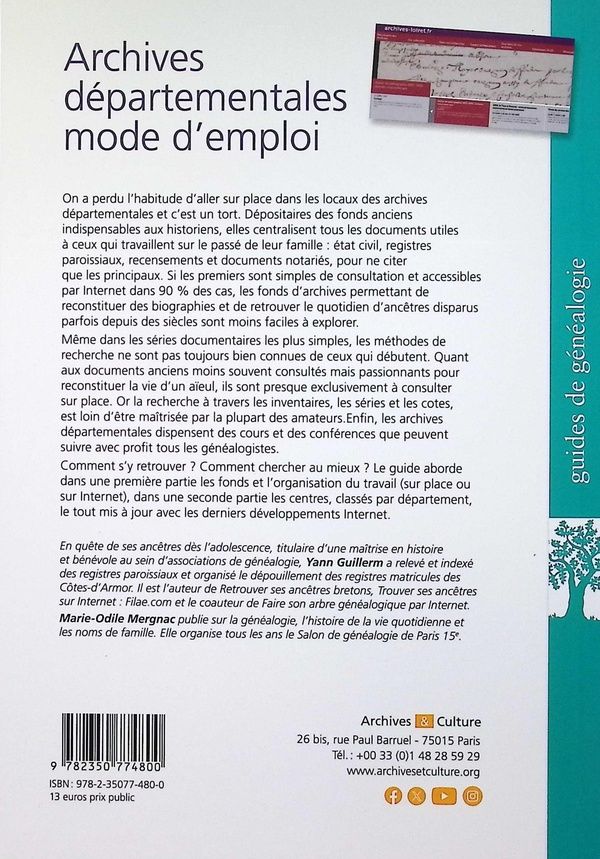 Quatrième de couverture de « Archives départementales, mode d'emploi »