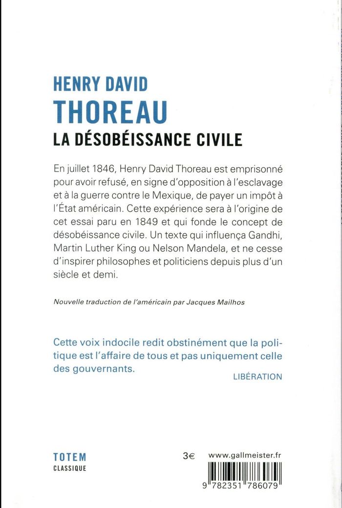 Quatrième de couverture de « La désobéissance civile »