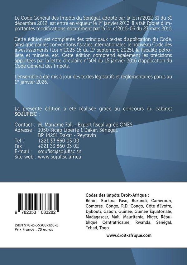 Quatrième de couverture de « Sénégal - Code général des impôts 2026 »