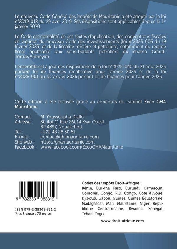Quatrième de couverture de « Mauritanie - Code général des impôts 2026 »