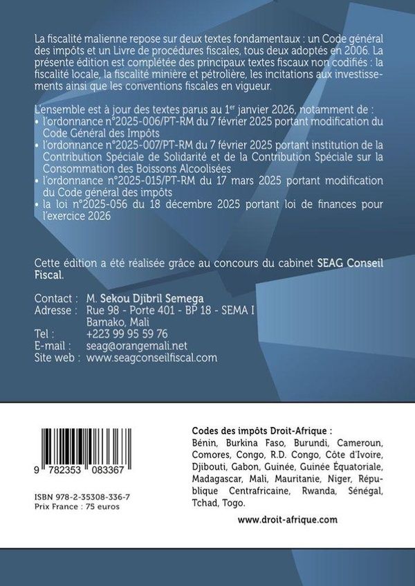Quatrième de couverture de « Code général des impôts 2026 : Mali »
