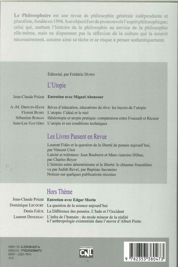 Quatrième de couverture de « LE PHILOSOPHOIRE N 44 L'UTOPIE AUTOMNE 2015 »