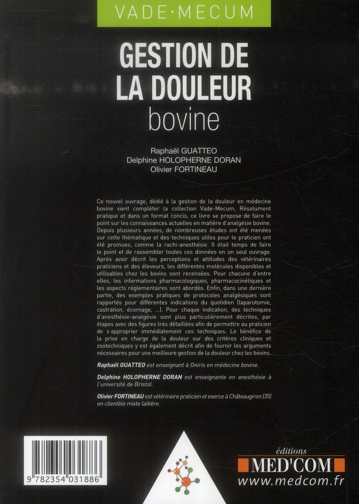 Quatrième de couverture de « VADEMECUM DE GESTION DE LA DOULEUR BOVINE »