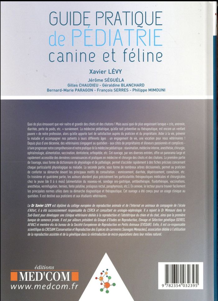 Quatrième de couverture de « GUIDE PRATIQUE DE PEDIATRIE FELINE ET CANINE »