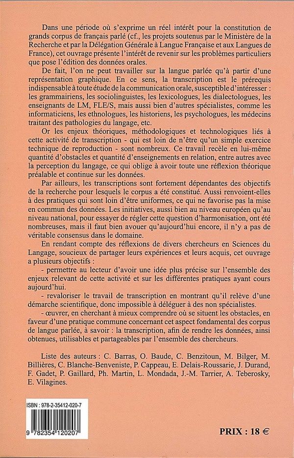 Quatrième de couverture de « DONNEES ORALES. LES ENJEUX DE LA TRANSCRIPTION »