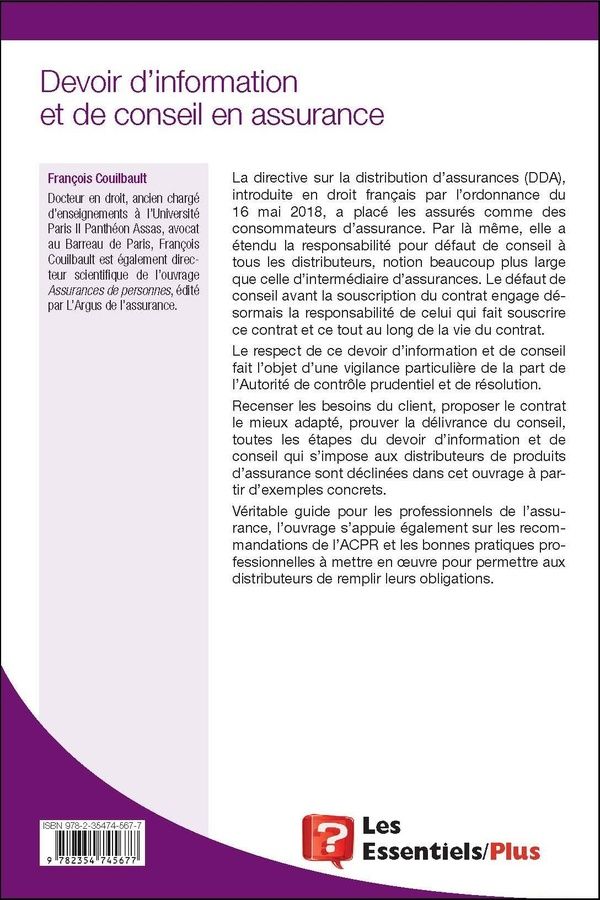 Quatrième de couverture de « Devoir d'information et de conseil en assurance »