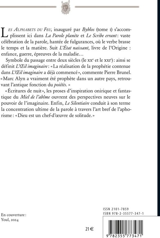Quatrième de couverture de « OEUVRES POETIQUES TOME 2 MARC ALYN - LE REVEUR EVEILLE (1992-2004) »