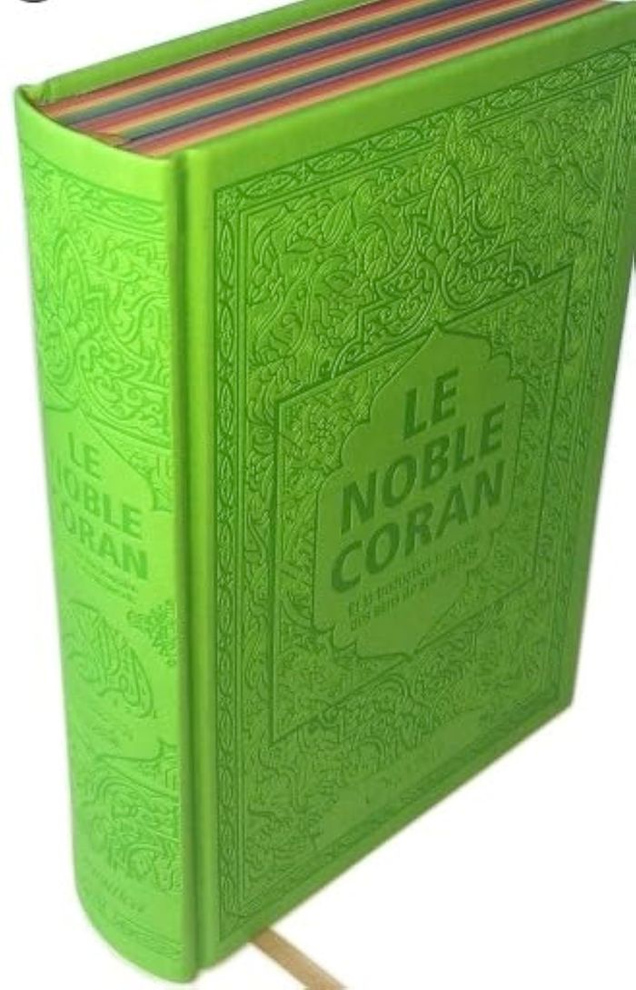 Couverture du livre « NOBLE CORAN AVEC PAGES ARC-EN-CIEL (RAINBOW) - BILINGUE (FR/AR) - COUVERTURE DAIM VERT CLAIR » de Revelation, librairie Les Contes Infusés à Corte