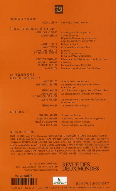 Quatrième de couverture de « REVUE DES DEUX MONDES DECEMBRE 2012. LA PHILANTHROPIE, DERNIERE IDEOLOGIE ? »