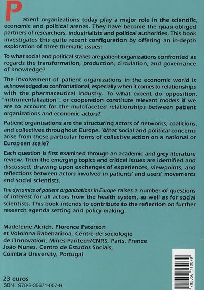 Quatrième de couverture de « THE DYNAMICS OF PATIENT ORGANIZATIONS IN EUROPE »
