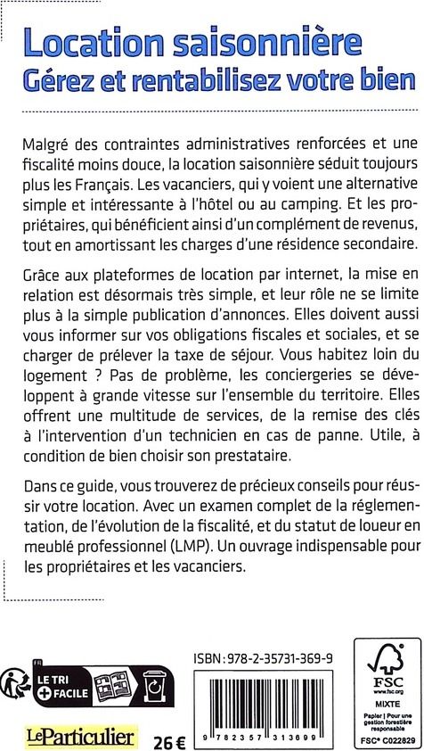 Quatrième de couverture de « Location saisonnière : gérez et rentabilisez votre bien »