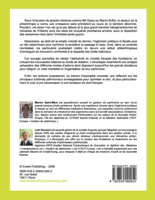 Quatrième de couverture de « FONDATION ET OPTIMISATION PATRIMONIALE - INTEGRER UNE DEMARCHE PHILANTHROPIQUE AU SEIN D'UNE STRATEG »
