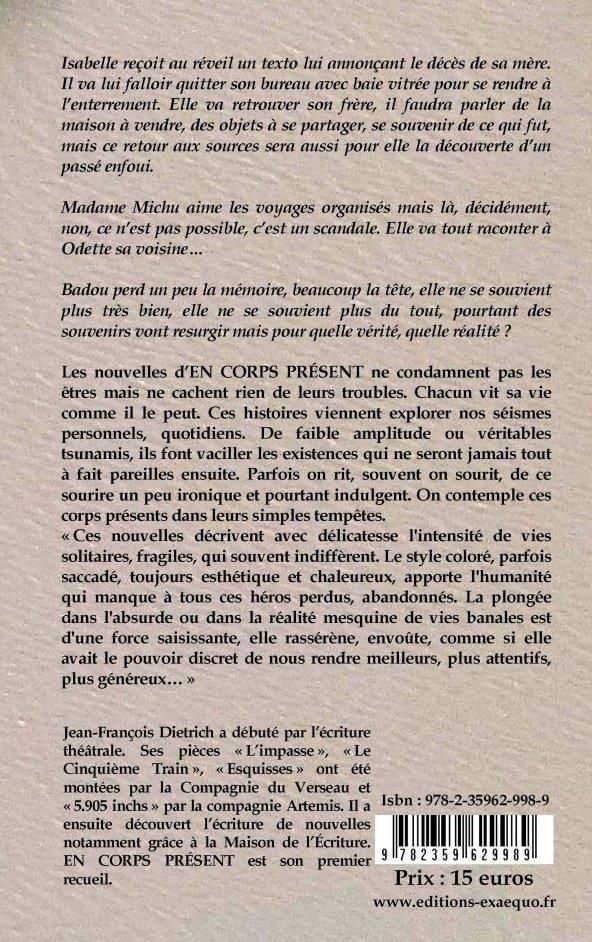 Quatrième de couverture de « EN CORPS PRESENT - NOUVELLES »