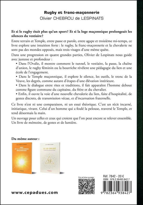 Quatrième de couverture de « Rugby et franc-maçonnerie : l'ovalie intérieure »