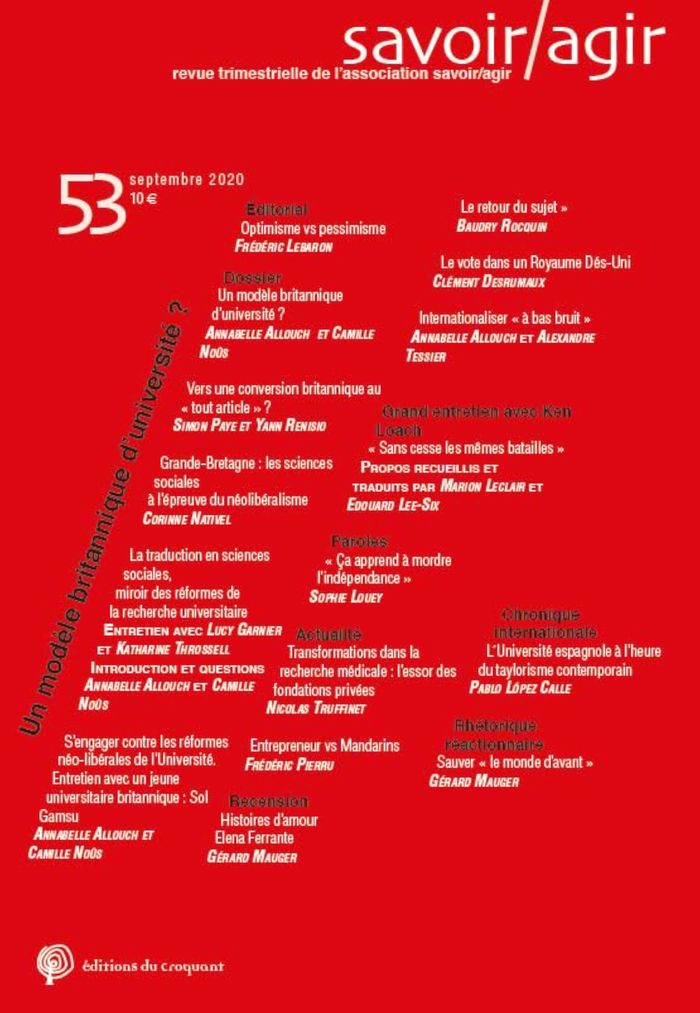 Couverture du livre « REVUE SAVOIR/AGIR N 53 - UN MODELE BRITANNIQUE D'UNIVERSITE ? », librairie Les Contes Infusés à Corte