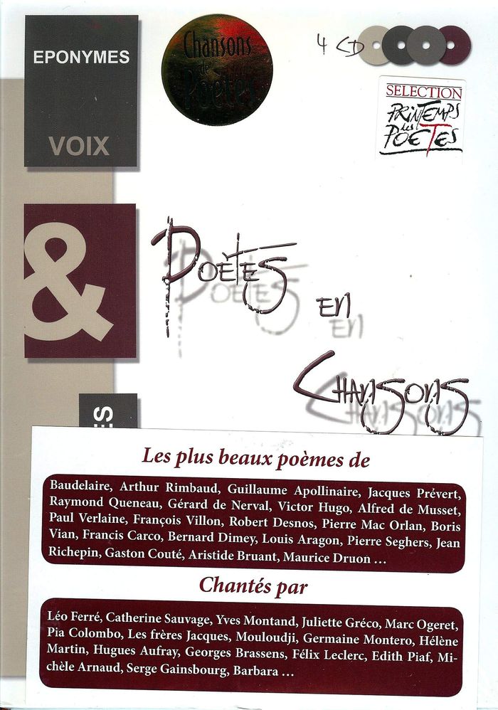 Couverture du livre « POETES EN CHANSONS ( LES PLUS BEAUX POEMES CHANTES ) 4 CD » de Baudelaire, librairie Les Contes Infusés à Corte