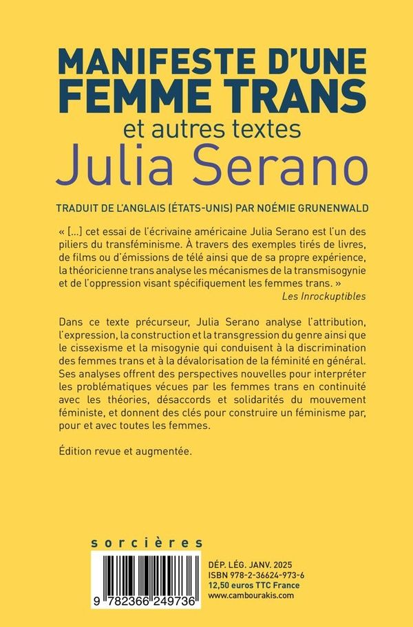 Quatrième de couverture de « Manifeste d'une femme trans et autres textes »