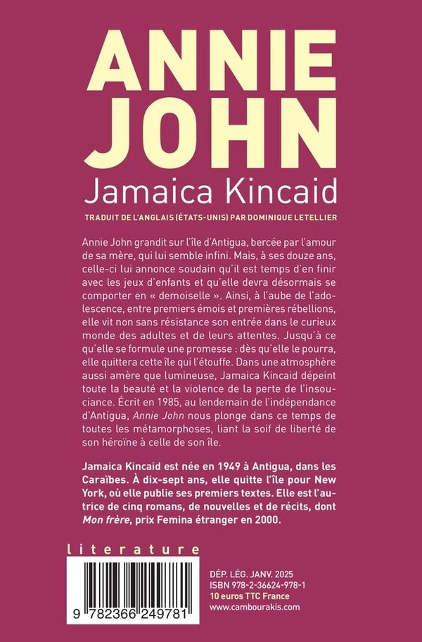 Quatrième de couverture de « Annie John »
