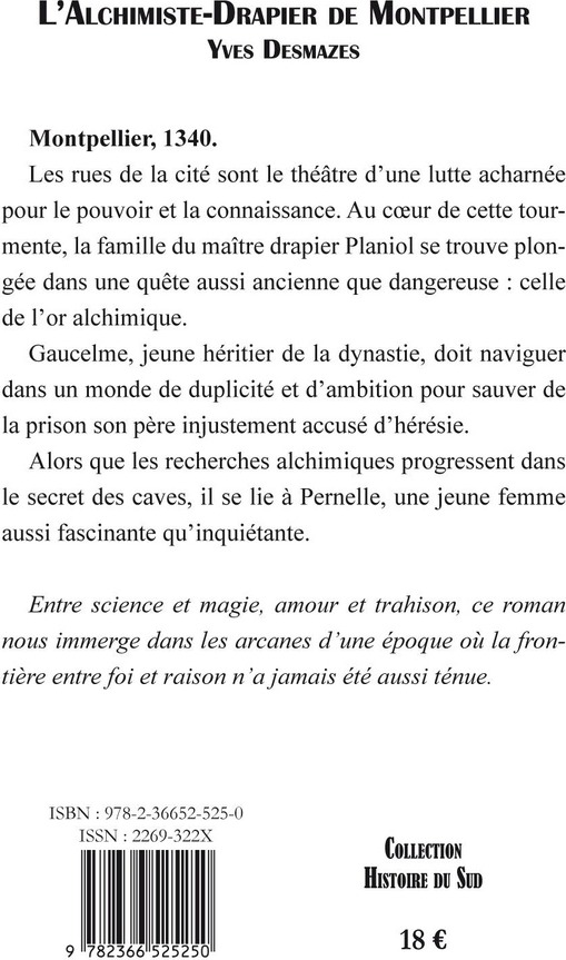 Quatrième de couverture de « L'alchimiste-drapier de Montpellier »