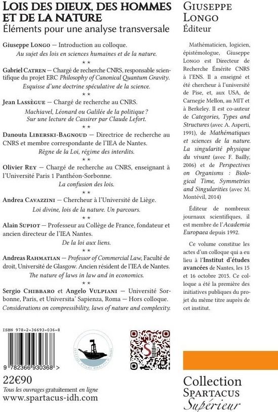 Quatrième de couverture de « LOIS DES DIEUX, DES HOMMES ET DE LA NATURE - ELEMENTS POUR UNE ANALYSE TRANSVERSALE  COLLOQUE DE L'I »