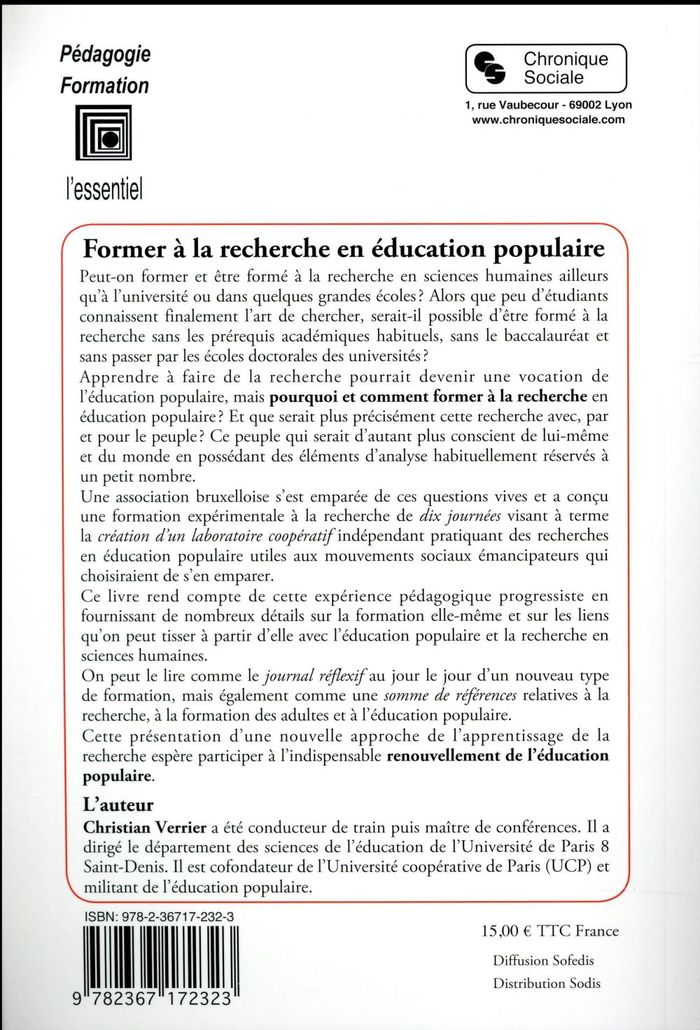Quatrième de couverture de « FORMER A LA RECHERCHE EN EDUCATION POPULAIRE »