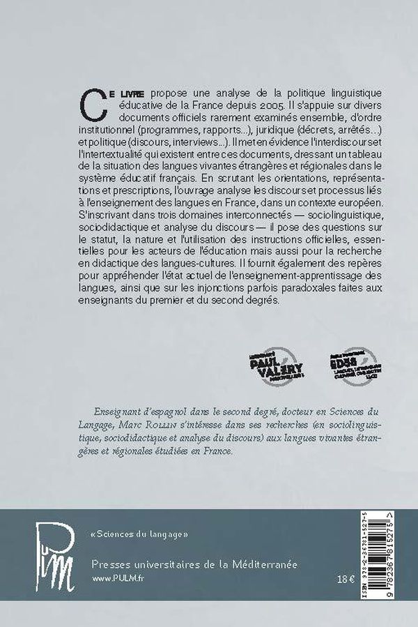 Quatrième de couverture de « Enseignement des langues en France : textes, discours, enjeux »