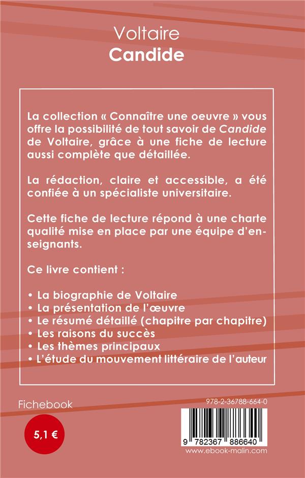 Quatrième de couverture de « FICHE DE LECTURE CANDIDE DE VOLTAIRE (ANALYSE LITTERAIRE DE REFERENCE ET RESUME COMPLET) »