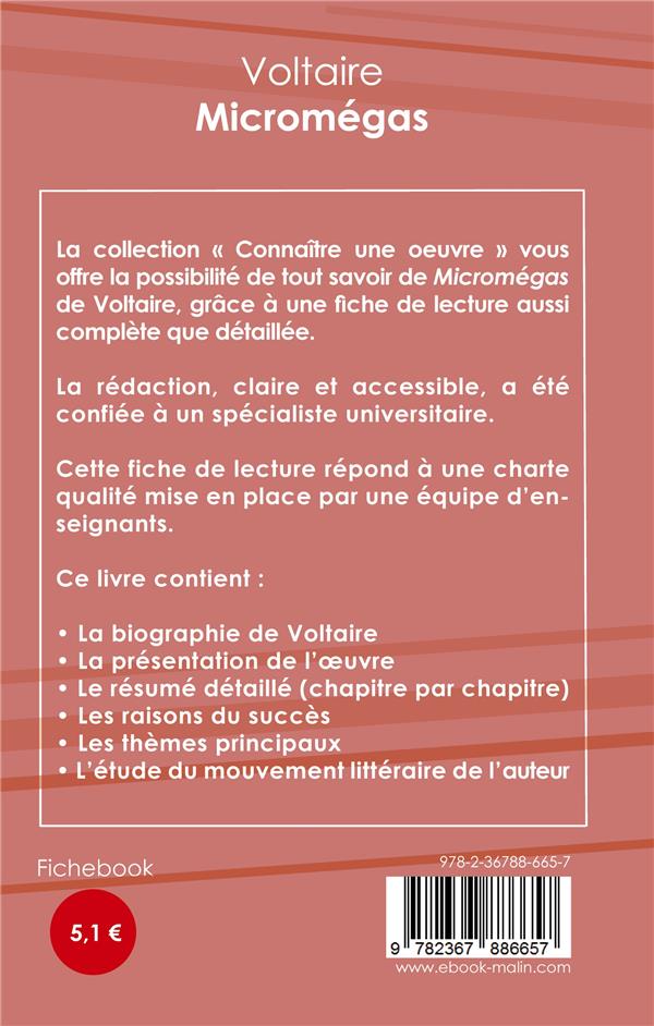 Quatrième de couverture de « FICHE DE LECTURE MICROMEGAS DE VOLTAIRE (ANALYSE LITTERAIRE DE REFERENCE ET RESUME COMPLET) »