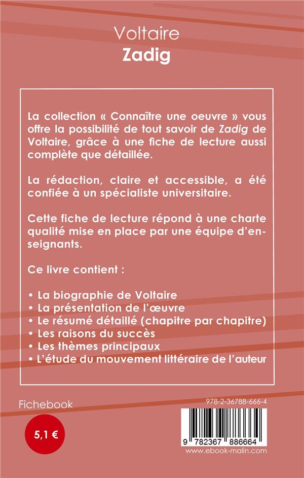 Quatrième de couverture de « FICHE DE LECTURE ZADIG DE VOLTAIRE (ANALYSE LITTERAIRE DE REFERENCE ET RESUME COMPLET) »