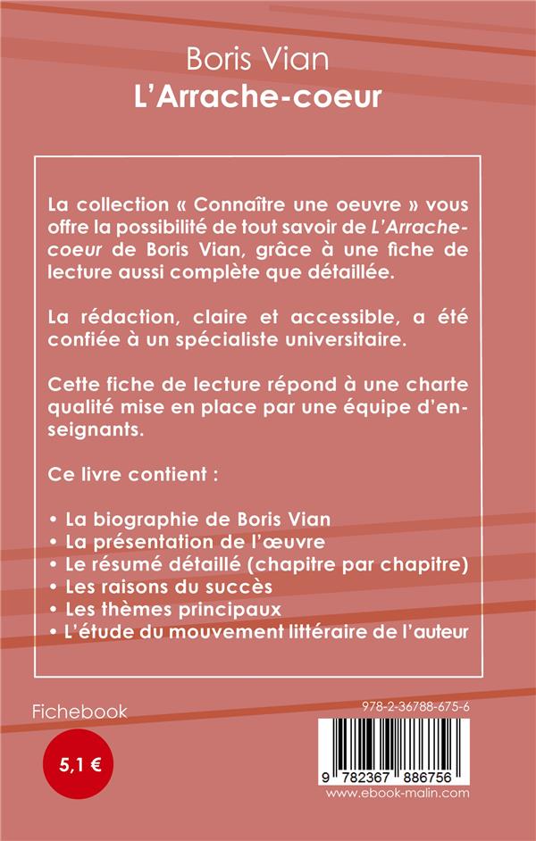 Quatrième de couverture de « FICHE DE LECTURE L'ARRACHE-COEUR DE BORIS VIAN (ANALYSE LITTERAIRE DE REFERENCE ET RESUME COMPLET) »