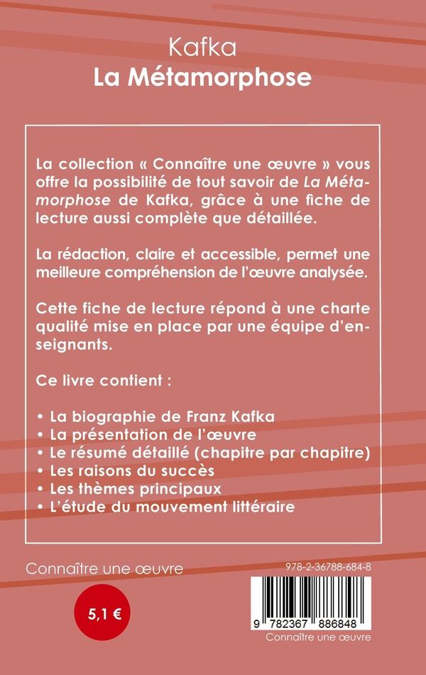 Quatrième de couverture de « FICHE DE LECTURE LA METAMORPHOSE DE KAFKA (ANALYSE LITTERAIRE DE REFERENCE ET RESUME COMPLET) »