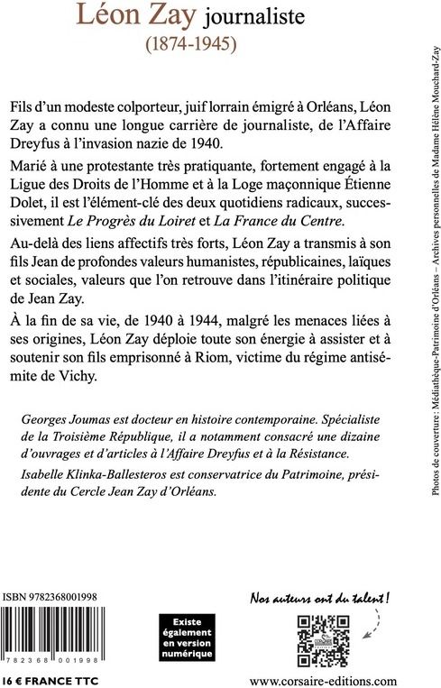 Quatrième de couverture de « Léon Zay journaliste (1874-1945) : une complicté avec son fils Jean »