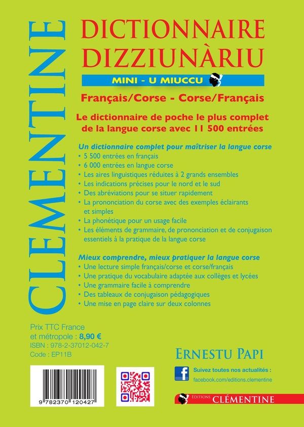 Quatrième de couverture de « DICTIONNAIRE MINI FRANCAIS/CORSE - CORSE/FRANCAIS »