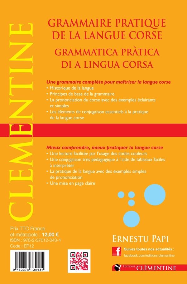 Quatrième de couverture de « GRAMMAIRE PRATIQUE DE LA LANGUE CORSE »
