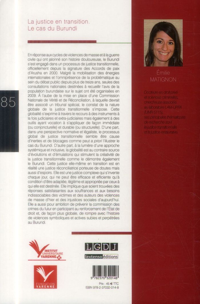 Quatrième de couverture de « LA JUSTICE EN TRANSITION - LE CAS DU BURUNDI »