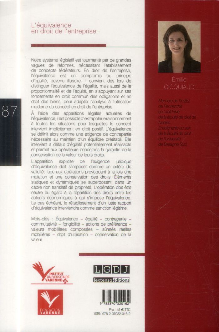 Quatrième de couverture de « L'EQUIVALENCE EN DROIT DE L'ENTREPRISE »