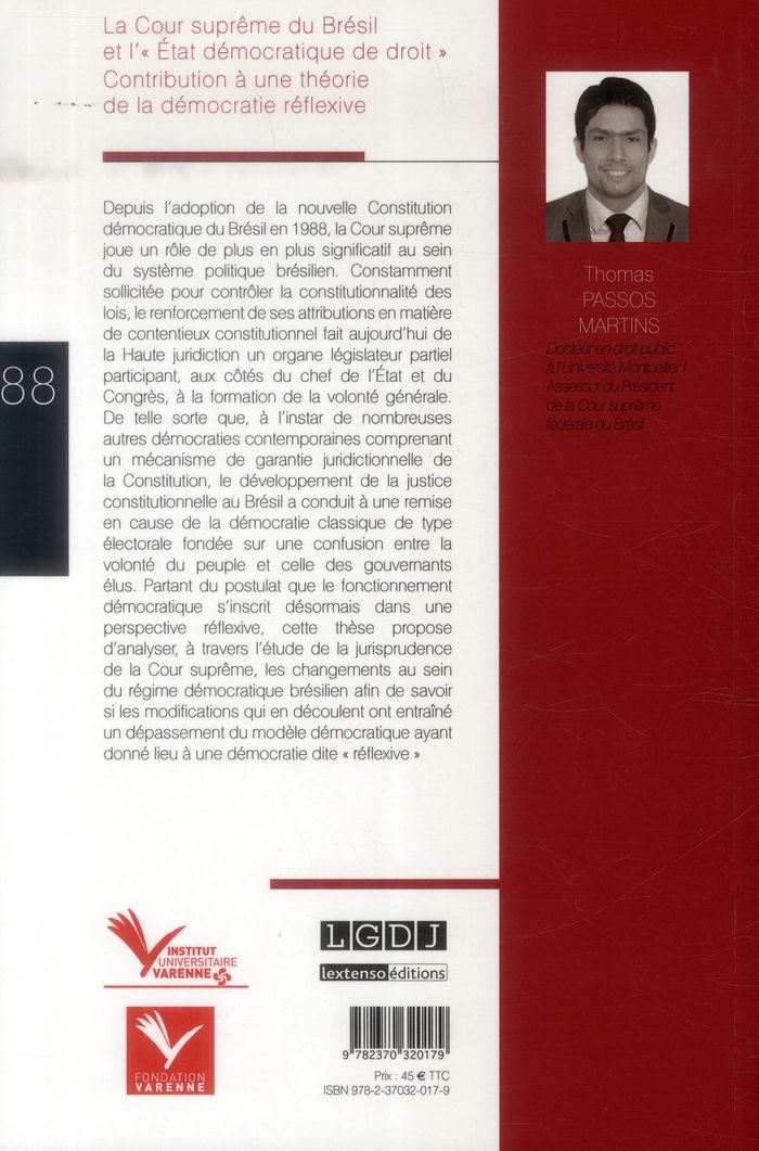 Quatrième de couverture de « LA COUR SUPREME DU BRESIL ET L' ETAT DEMOCRATIQUE DE DROIT - CONTRIBUTION A U »