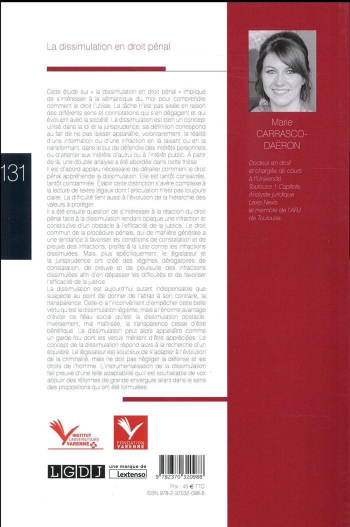 Quatrième de couverture de « LA DISSIMULATION EN DROIT PENAL »