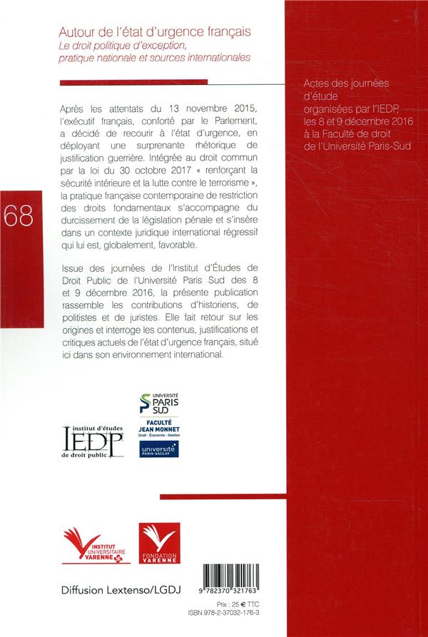 Quatrième de couverture de « AUTOUR DE L ETAT D URGENCE FRANCAIS »
